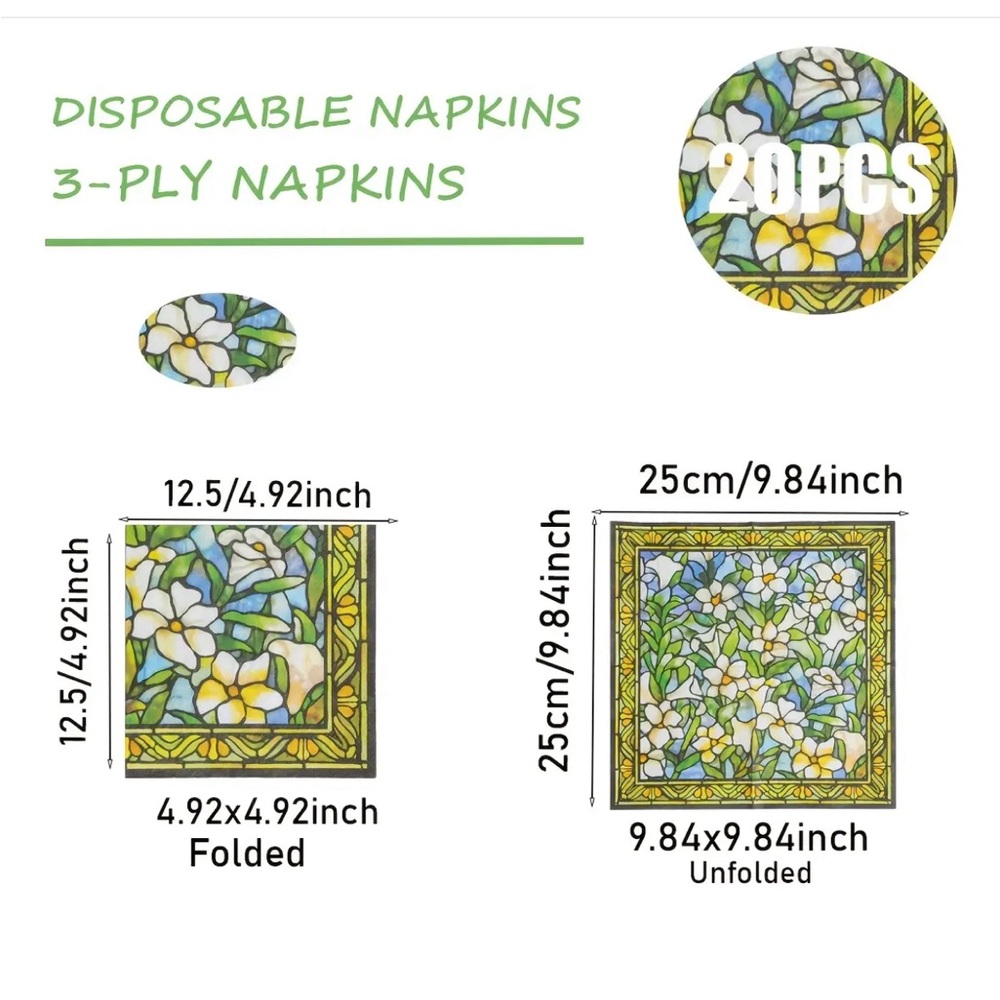 Floral Stained Glass Art Print Cocktail Beverage Paper Napkins, 20 ct - Picture 5 of 5
